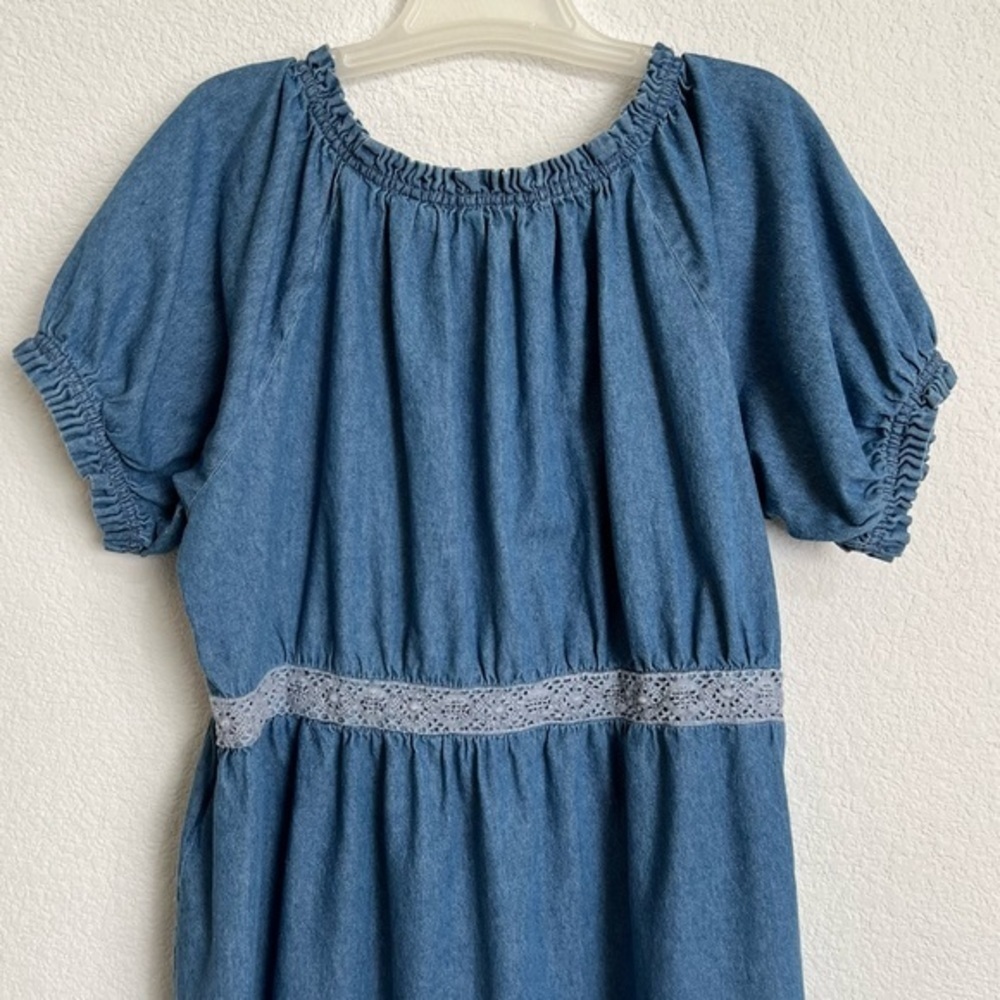Denim 24/7 Blue Jean Maxi Dress Ruffled Collar Puffy Ruffled Short Sleeves 20W - Picture 8 of 12